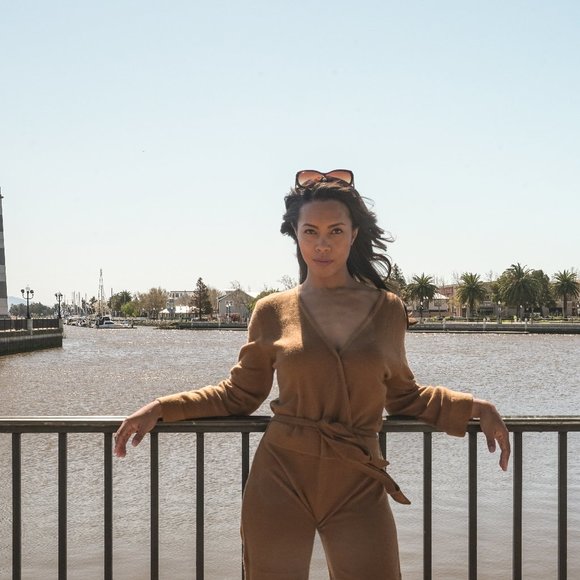 Tan Long Sleeve Jumpsuit - Picture 1 of 4